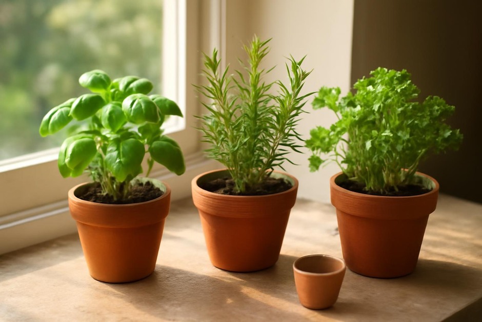 Small pots of basil, rosemary, and parsley on a sunny windowsill