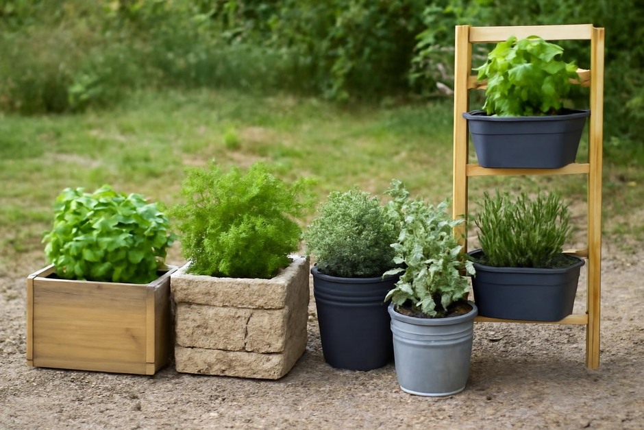 Five small herb planters made of wood, stone, metal, recycled plastic and a vertical frame