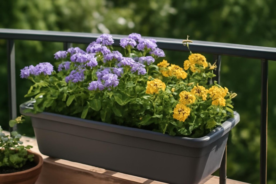 A small balcony planter filled with purple and yellow flowers attracting bees